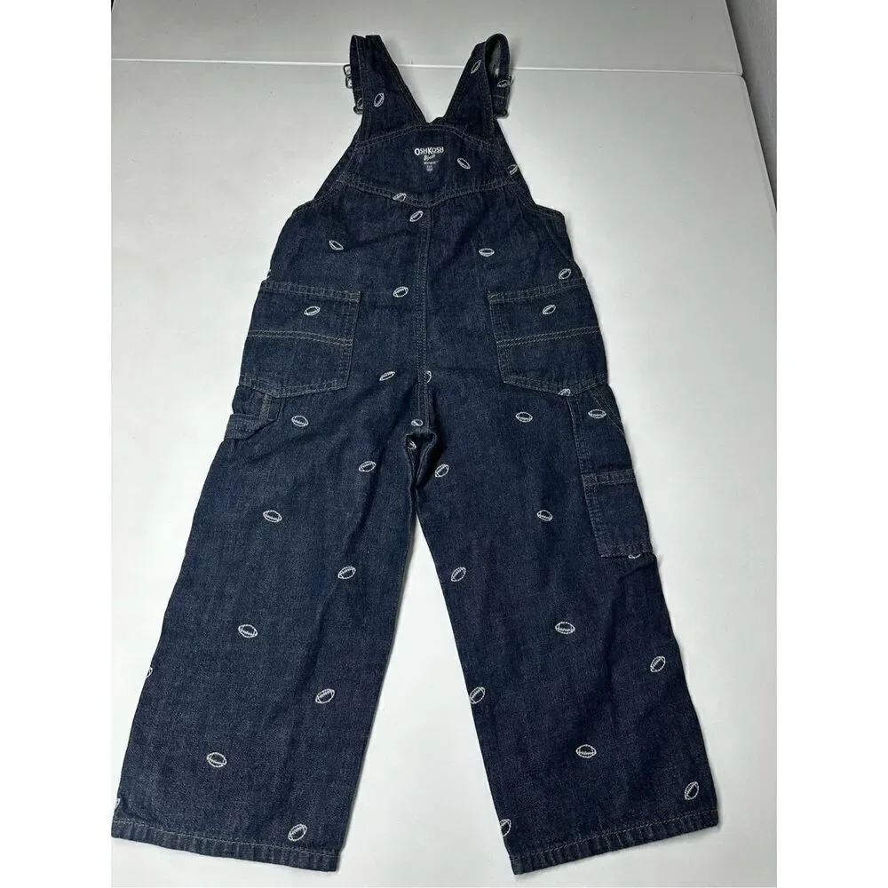 Oshkosh B’gosh Denim Overalls With Embroidered Footballs Size 3T